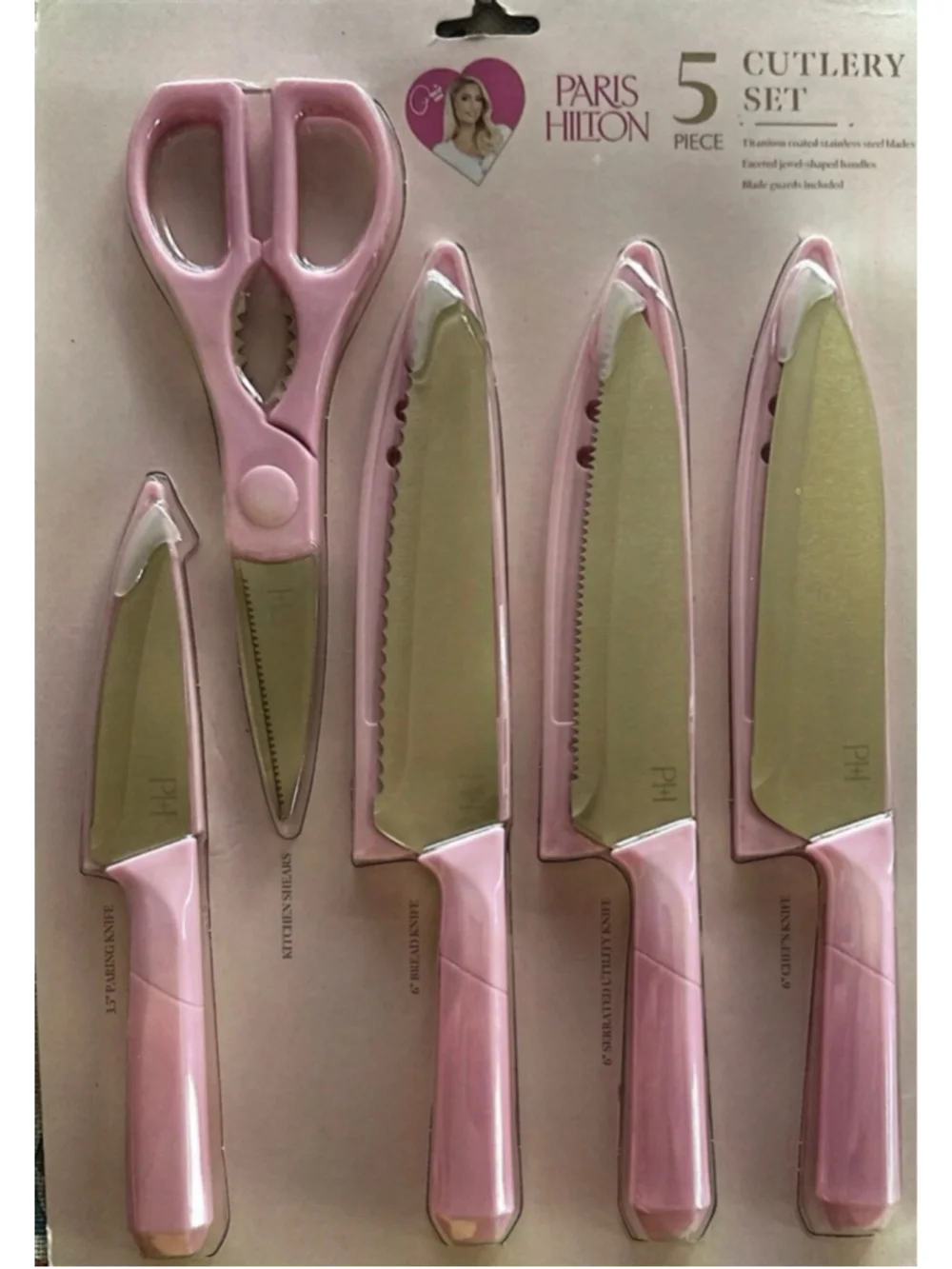 Paris Hilton Pink 5 pcs cutlery knife set kitchen shears paring bread chef, New